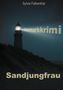 Text: Sylvia Falkenthal, Dänemarkkrimi, Sandjungfrau. Ein Leuchtturm strahlt Licht in eine dunkle Küstenlandschaft., Buch