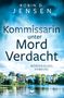 „Kommissarin unter Mordverdacht“ vor blauem Himmel. Unten Gebäude am Wasser. Logo: Buch mit geöffneten Seiten., Buch
