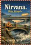 „Nirvana. Bitte klingeln. NOW!“ Ein gemalter Bus auf einer Brücke, darunter eine alte Steinbrücke über Nebel., Buch
