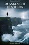 Buchtitel: "Im Angesicht des Todes". Silhouette einer Person steht auf Klippe am stürmischen Meer, Blitz im Hintergrund., Buch