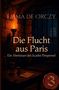 "Die Flucht aus Paris" von Emma de Orczy. Mittelalterliches Zimmer mit Fackel, Tisch, Schriftstück und Wachssiegel mit Blume., Buch
