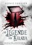 Text: "SOPHIE OBWEXER", "DIE LEGENDE DER DRAYA", "BAND 3: VEREINTES BLUT". 

Ein Podest mit einem aufgeschlagenen Buch vor Blut-Spritzern., Buch