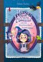Buchtitel in kindlicher Schrift: "Hexe Hanni und die Froschsocken-Fusselsuppe". Illustration mit Hexe, Katze und Frosch., Buch