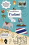 „Entdecke mit uns Thailand“, bunte Illustrationen: Elefant, Tuk-Tuk, Boot, Palme, Kokosnuss, Flagge und Ikonen wie Labyrinth., Buch