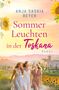 "Sommerleuchten in der Toskana" von Anja Saskia Beyer. Drei Frauen laufen lachend in einer toskanischen Landschaft mit Sonnenblumen., Buch