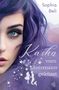 Buchcover: "Kasha vom Meermann geküsst" von Sophia Beli. Frau mit lila Haaren, Meerjungmann-Silhouette., Buch