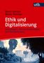 Roter Hintergrund, weiße Schrift: "Ethik und Digitalisierung". Unten Illustration: digitale Kopfform, antike Säulen.