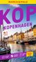 Titel: "KOPENHAGEN". Lila Text mit einem farbenfrohen Hafen im Hintergrund, Boote und bunte Gebäude., Buch