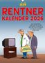 "RENTNER KALENDER 2026" in großen roten Buchstaben. Illustration: Zwei Männer, TV, Koffer mit "FERNSEH REPARATUR".
