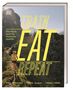 "TRAIN EAT REPEAT" in großer gelber Schrift, darunter ein Läufer auf einem Bergpfad, sonnige Berglandschaft., Buch