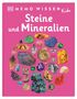 "Steine und Mineralien" steht in Weiß auf pinkem Hintergrund mit vielen farbigen Mineralienabbildungen darunter., Buch