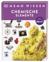 Oben steht "MEMO WISSEN CHEMISCHE ELEMENTE". Verschiedene chemische Gegenstände sind abgebildet, darunter gelber Schwefel., Buch