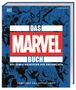 Text: "DAS MARVEL BUCH", "DAS COMIC-UNIVERSUM DER SUPERHELDEN", "ERWEITERT UND AKTUALISIERT". 

Ein blau-weiß-rotes Buchcover mit Comic-Helden., Buch
