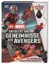 Text: "Mit exklusiver Minifigur", "Entdecke die Geheimnisse der Avengers", "Alle Superhelden, Schurken und Schauplätze". LEGO-Figuren., Buch