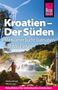 „Kroatien – Der Süden. Dalmatien, Adria. Reiseführer.“ Frau sitzt an Wasserfall in grüner Landschaft. Oben Logo., Buch