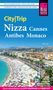 Reiseführer-Cover mit Texten zu Nizza, Cannes, Antibes und Monaco. Strandbild mit türkisfarbenem Meer und Promenade., Buch