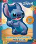 "Stickern und Rätseln mit Stitch", "Mit Riesen-3D-Sticker!", blaue Figur mit großen Ohren, bunter tropischer Hintergrund., Buch