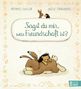 „Sagst du mir, was Freundschaft ist?“ Illustration von Hase und Igel, Hase liegt, Igel liegt schlafend auf ihm. Umfangt von Blumen und Tieren., Buch