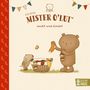 „Mister O'Lui sucht und findet“ steht über einem Bären, der Socken sortiert; daneben ein kleiner Hund und ein Schmetterling., Buch