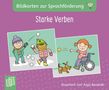 Text: "Bildkarten zur Sprachförderung", "Starke Verben", "illustriert von Anja Boretzki". Gezeichnete Kinder beim Spielen.