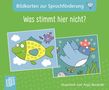 "Bildkarten zur Sprachförderung. Was stimmt hier nicht?" Ein Fisch mit Vogelflügeln im Himmel, ein Vogel mit Schwimmflossen im Wasser.