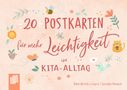 "20 Postkarten für mehr Leichtigkeit im Kita-Alltag." Verspielte Illustrationen: Biene, Katze und Vogel auf pastellfarbenem Hintergrund.