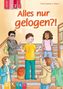 "Alles nur gelogen?!" ist in großen roten Buchstaben. Kinder stehen auf einer Treppe, eine bunte Logo-Ecke mit "Kids".