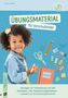 "Übungsmaterial für Vorschulkinder", fröhliches Kind mit Buntstiften, Schere und Notizbuch auf blauem Hintergrund., Buch