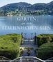 "Steven Desmond. Fotos von Marianne Majerus. Gärten an den italienischen Seen." Aussicht auf See, Berge, und Garten mit Statue.