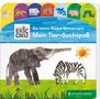 „Die kleine Raupe Nimmersatt. Mein Tier-Suchspaß.“ Ein Elefant und ein Zebra stehen auf einer Wiese mit Sonne., Buch