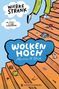 Titel: "Wolken hoch - Mission 15. Stock" von Wiebke Strank. Illustration zeigt eine Treppe mit verstreuten Gegenständen und eine Figur., Buch