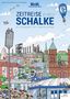 „ZEITREISE DURCH SCHALKE: Ein Stadtteil mit Geschichte(n)“. Illustration von Stadtszene mit Fußballfans und Wahrzeichen., Buch