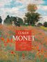 CLAUDE MONET FARBE UND LICHT 2027. Illustration einer Landschaft mit Blumenfeld, Bäumen und blauem Himmel. Logo unten.