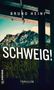 Texte: "BRUNO HEINI”, “SCHWEIG!”, “GMEINER”, “THRILLER”. Berge im Hintergrund, Holzbalken oben sichtbar., Buch