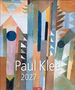 "Paul Klee 2027" in Weiß auf abstraktem, geometrischem Gemälde mit bunten Formen und Linien.