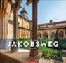 "Auf dem Jakobsweg. El Camino. 2027 Weingarten." Historischer Klosterhof mit gotischen Bögen und gepflegtem Garten.