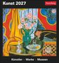 "Kunst 2027", "Harenberg". Unten: "Künstler · Werke · Museen". Illustration: Person schläft an Tisch mit Vase., Kalender