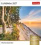 "Lichtblicke 2027", "Wochenkalender". Ein Küstenpanorama mit Bäumen, Steilklippe und Sonnenuntergang über dem Meer.