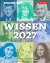Text: "WISSEN 2027. Quizfragen aus Geschichte, Politik, Kultur, Technik und Sport." Bunte Porträts berühmter Persönlichkeiten.