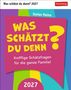 „Was schätzt du denn? 2027“ von Stefan Heine, gelbe und pinke Schrift auf buntem Hintergrund, Harenberg-Logo.
