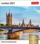 "London 2027", "Sehnsuchtskalender", "Mit 53 Postkarten". Szene: London mit Big Ben, Fluss, Brücke und rotem Bus.