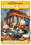 Text oben: "Lustiges Taschenbuch", "EUROPA REISE", "GRIECHENLAND". Comic-Enten vor einem antiken griechischen Tempel., Buch