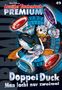 Text: "Lustiges Taschenbuch PREMIUM," "DoppelDuck," "Man lacht nur zweimal." Illustration: Humorvolle Ente mit Jetons., Buch