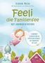 Titel: "Feeli die Familienfee". Eine Illustration: Eine Fee fliegt über bunte Dächer, umgeben von Bäumen., Buch