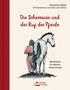 "Die Schamanin und der Ruf der Pferde", Illustration zeigt eine Person in rosa neben einem weißen Pferd, Schirner Verlag Logo., Buch