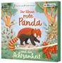 "Der kleine rote Panda und die Achtsamkeit" ist eine Illustration mit einem roten Panda in einer bunten, blühenden Landschaft., CD