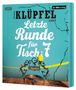 Text: "Volker Klüpfel liest Letzte Runde für Tisch 7". Illustratives Cover mit blauem Hintergrund, Vogel auf Metallgestell., MP3-CD