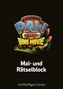 "Mal- und Rätselblock" steht in weißer Schrift. Darüber ist ein farbenfrohes Logo mit dem Text "PAW Patrol The Dino Movie"., Buch