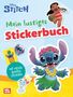 Text: "Disney Stitch. Mein lustiges Stickerbuch. Mit vielen bunten Stickern."
Illustration: Stich mit Blumenkranz, fröhlich tanzend.