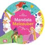 Text: "Disney Prinzessin Mandala Malzauber." Illustration von Prinzessinnen mit Meeres- und Blumenelementen.